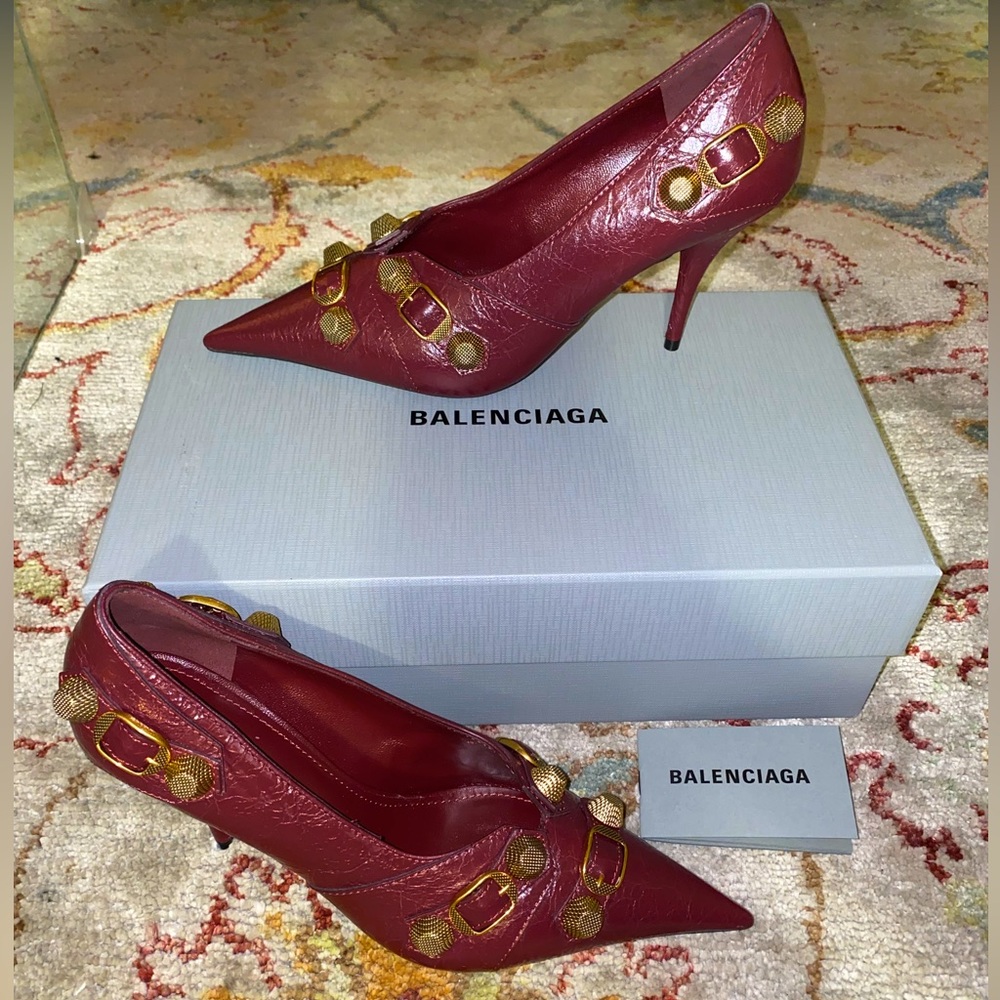 Balenciaga Cagole Leather Stud Stiletto Pumps Burgundy